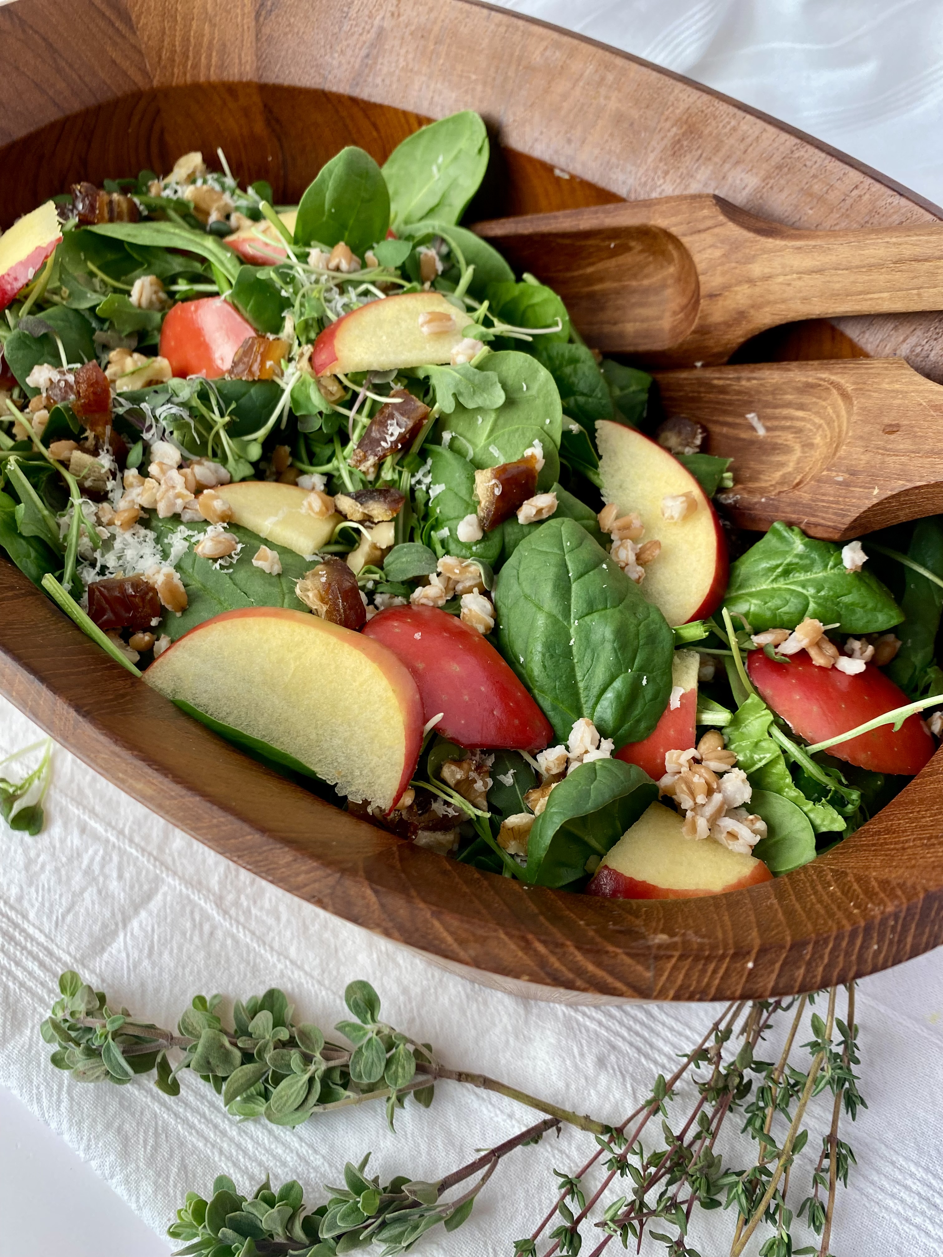 maple, apple farro, walnut spinach salad