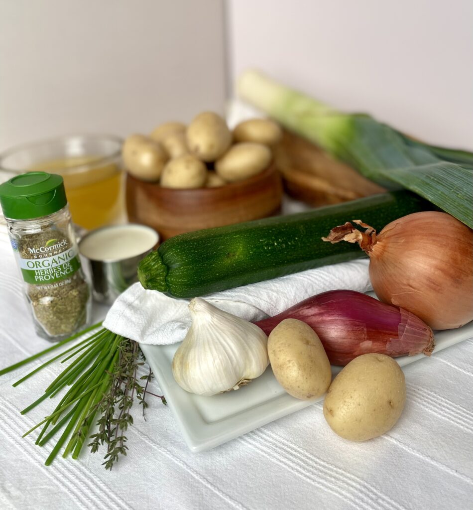 potato leek soup ingredients on table