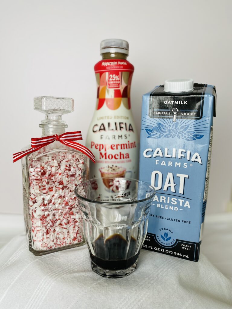 Peppermint mocha oatmilk latte espresso, Califia oat milk and mocha mix, crushed candy canes in jar