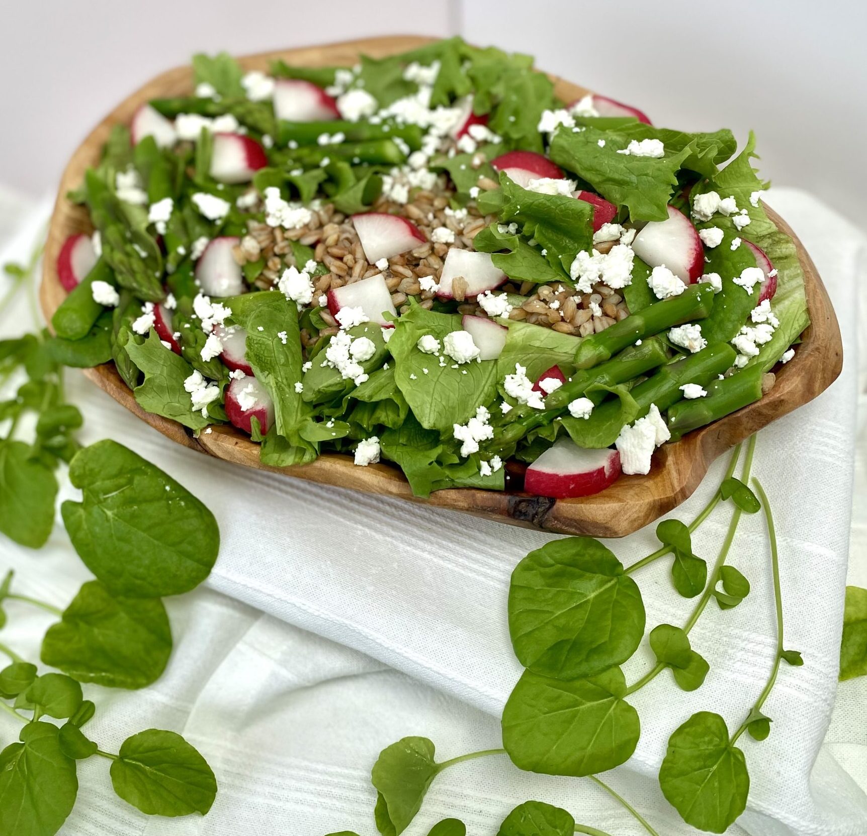 Spring Garden farro salad with radishes, goat cheese, lettuce and watercress in wood bowl