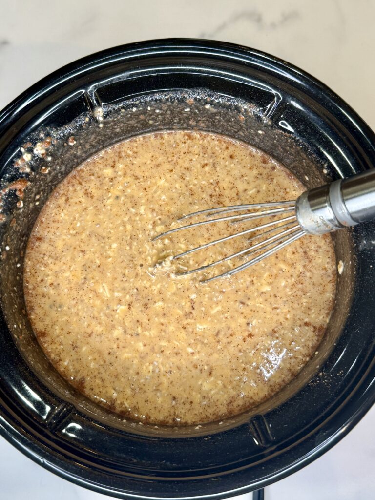 pumpkin crockpot oatmeal ingredients mixed before cooking iin the crockpot