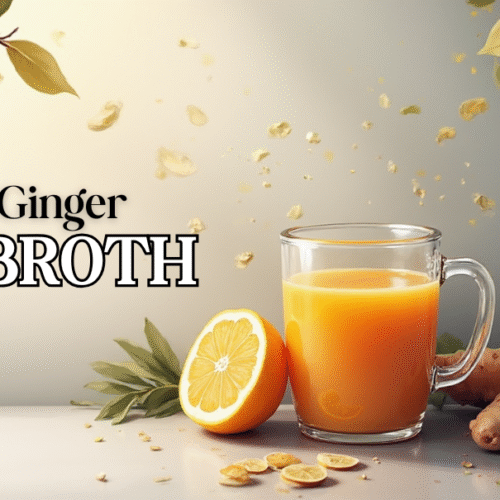 lemon ginger bone broth in clear glass with decorative lemon and ginger nearby