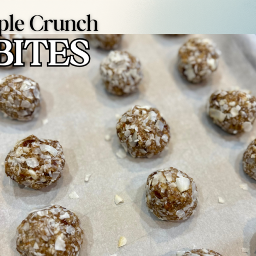 Feature image with Title and Tray with coconut maple crunch date bites