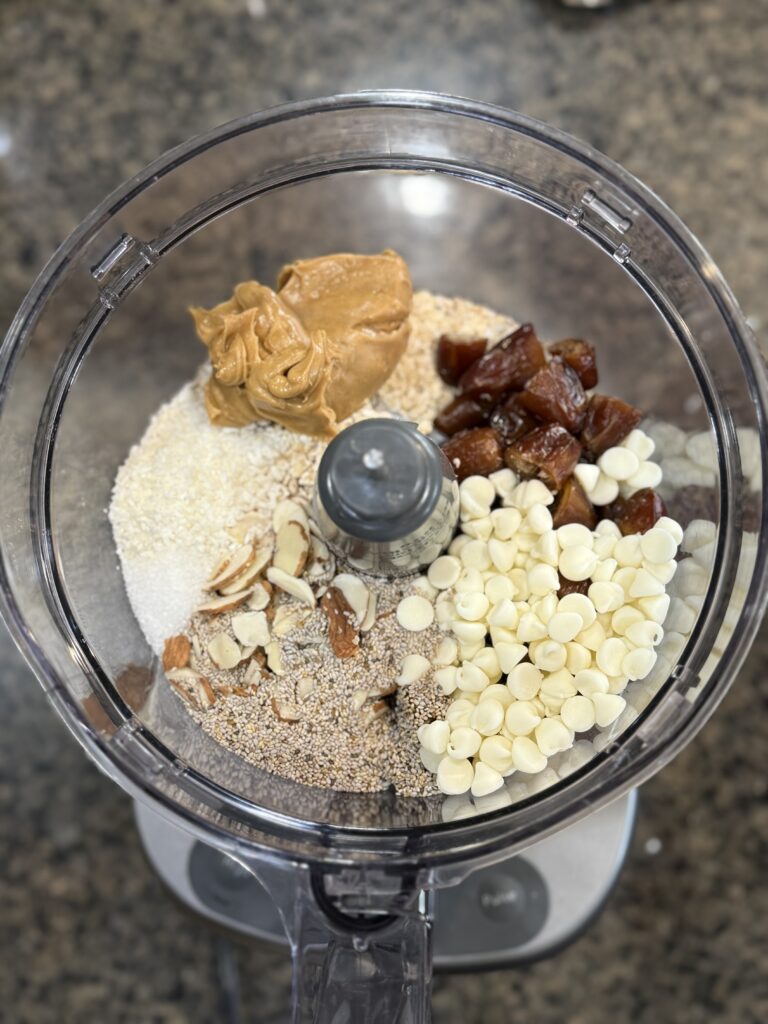Date bite ingredients in food processor before mixing