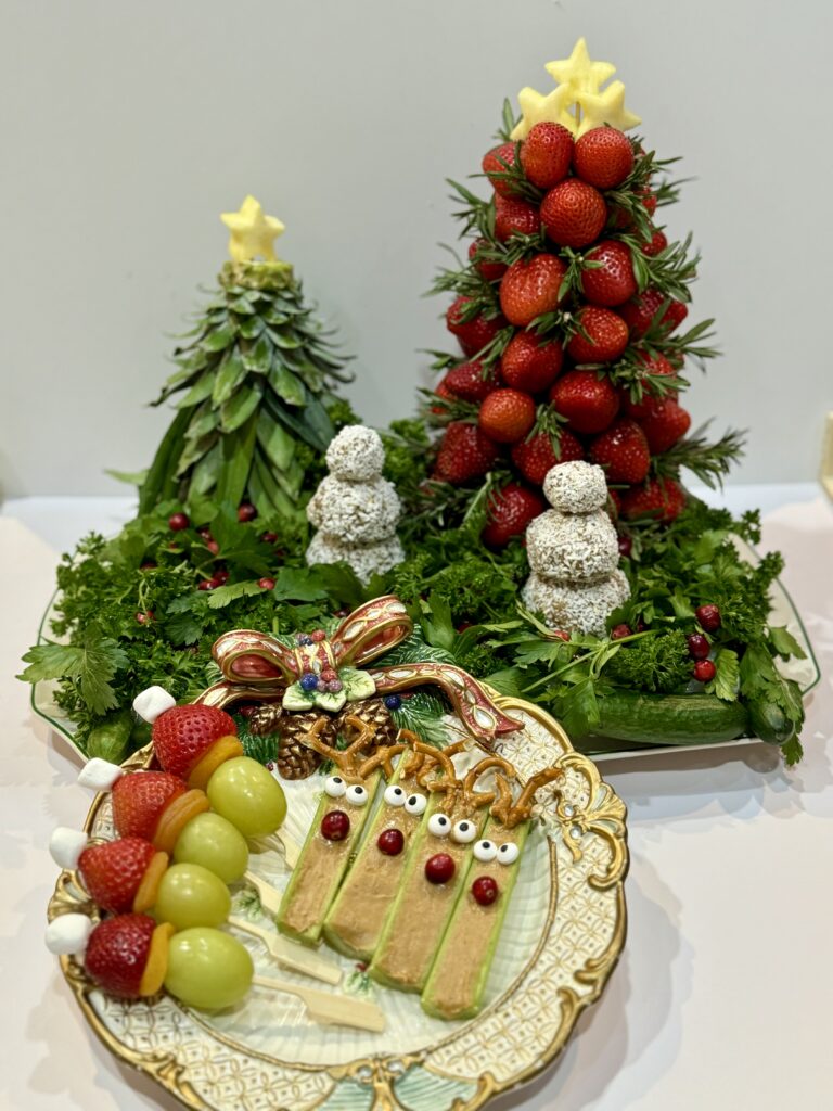 Winter wonderland strawberry tree with snowman date bites and kids snack plate