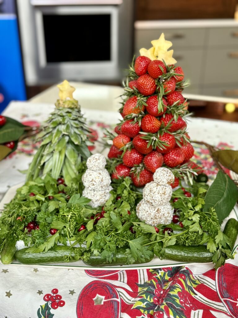 Winter wonderland strawberry tree with snowman date bites and kids snack plate at Fox13 The Place Studio