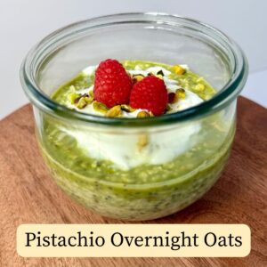 Pistachio overnight oats on wood table top