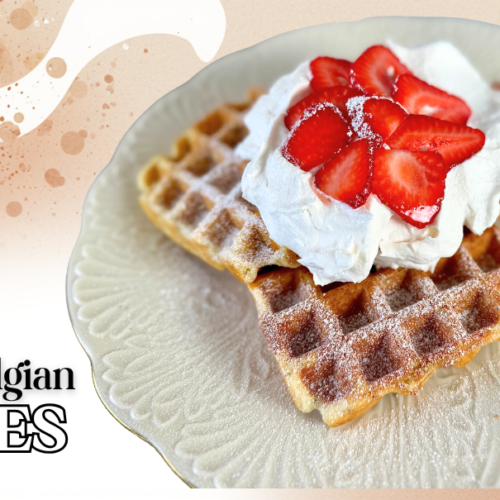 Authentic Belgian Waffles cover image with white plate, 3 Belgian waffles on it topped with whipped cream and sliced strawberries. A watercolor illustration mirrors it at the top let corner