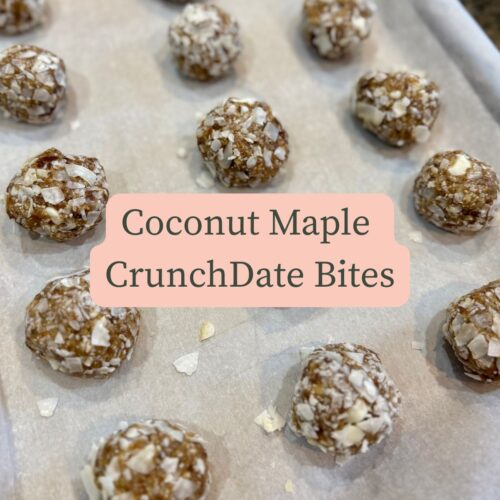 Feature image with Title and Tray with coconut maple crunch date bites